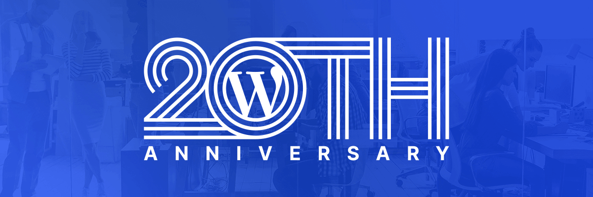 Blue background with the text '20th Anniversary' featuring the WordPress logo. The number '20' is stylized with circular lines, and the background includes subtle office scenes with people working.