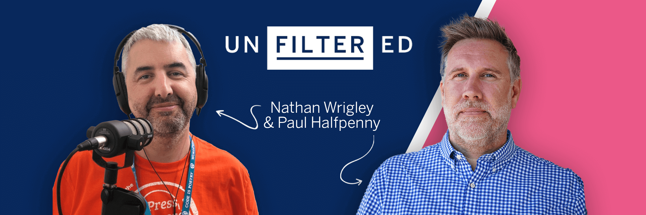 Split background with a man in headphones speaking into a microphone on the left, and another man in a blue checkered shirt on the right. Text above reads "UNFILTERED" with names "Nathan Wrigley & Paul Halfpenny" between them.