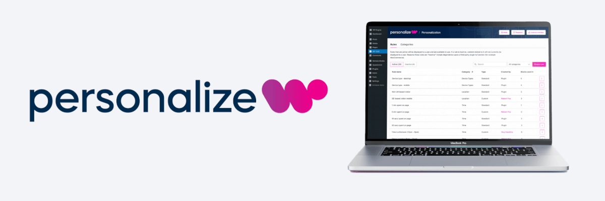 A laptop displaying a software interface with various data columns is next to the word "personalize" accompanied by a pink logo on a light background.
