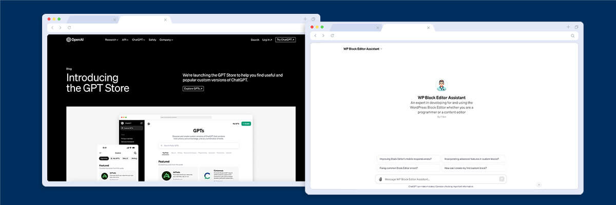 Two browser windows side by side: the left window shows the GPT Store introduction page with a black background, and the right window displays a white page titled "API Reference" with text content. Both are open on a blue background.