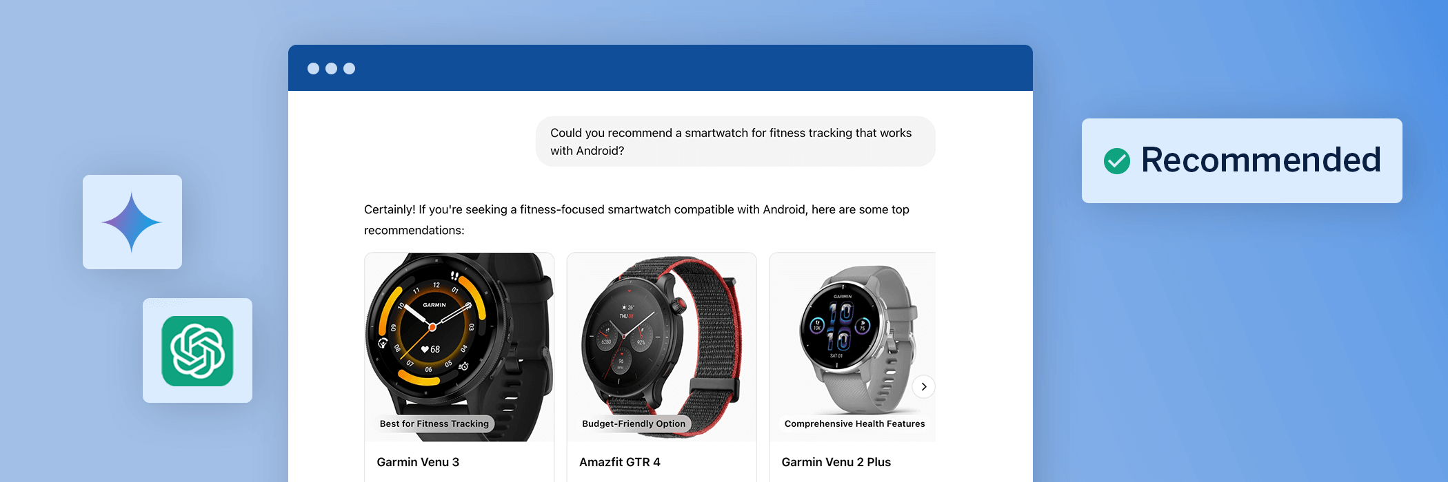 Screenshot of a webpage displaying three smartwatches with ratings.