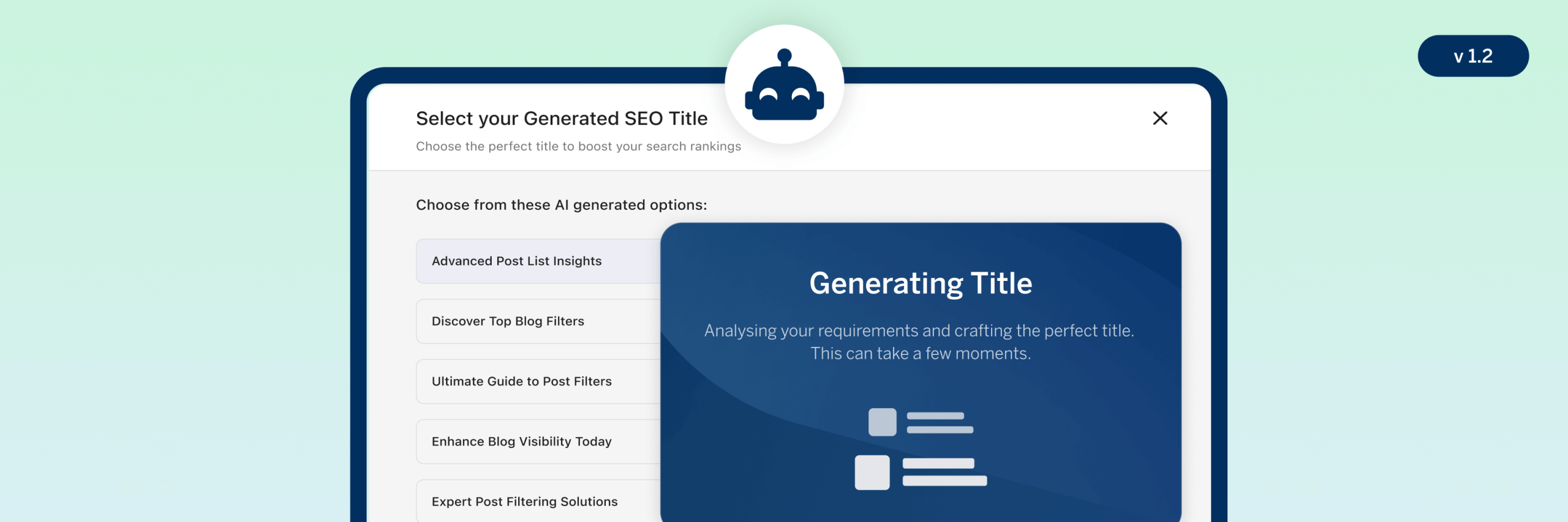 A digital interface showing an SEO title generator tool, featuring options and a progress message indicating title generation is in progress.