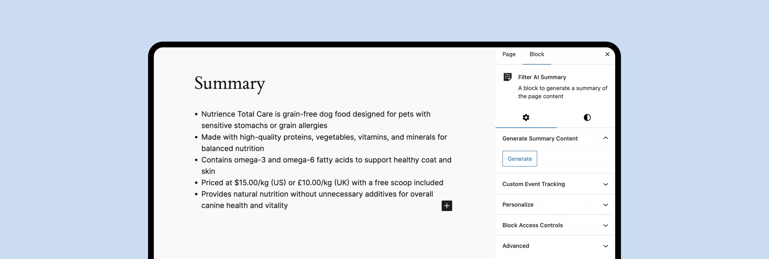Summary feature on the Filter AI plugin