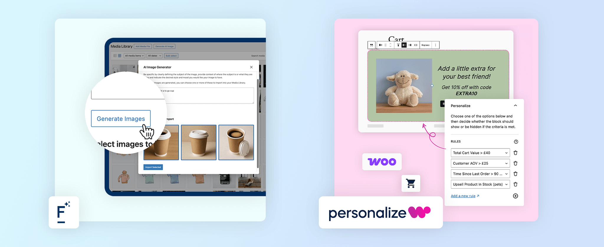 A split-screen image showing a user interface for selecting images on one side and a display for customizing product details on the other.